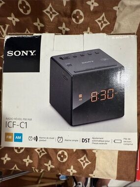 Sony Black Cube Alarm Clock Radio with Orange LED Display